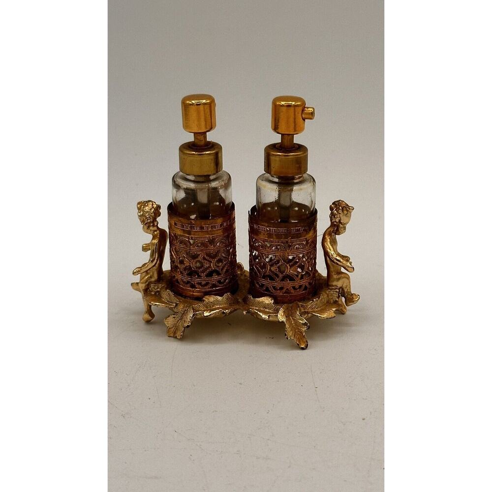 Vintage Cherub Perfume Glass Bottle Set Ormolu Gold Filigree Holder by SAM FINK